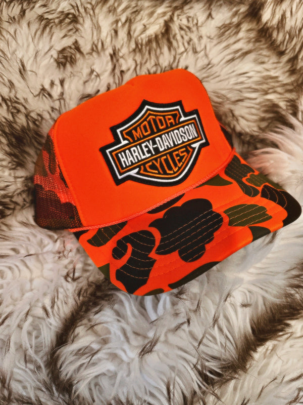 ORANGE CAMO MOTORCYCLES TRUCKER HAT