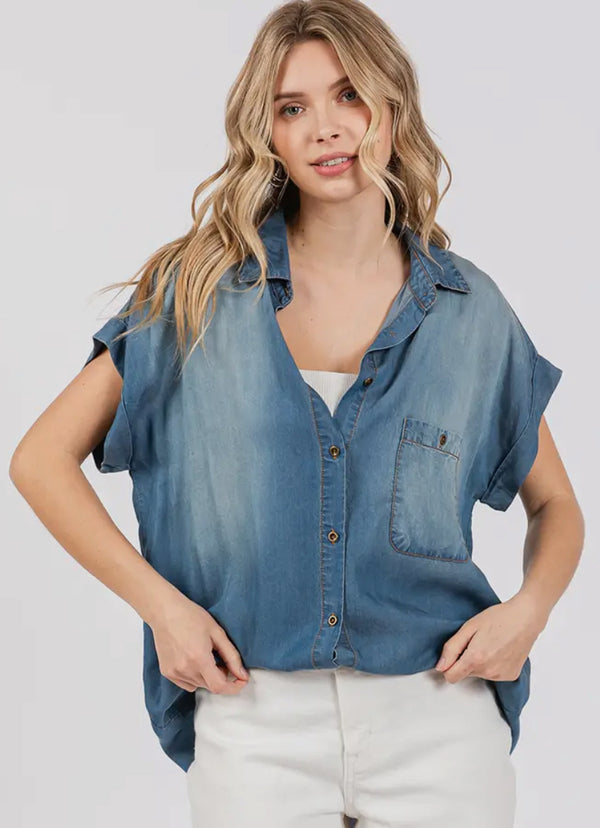 MINERAL WASH DENIM BLOUSE