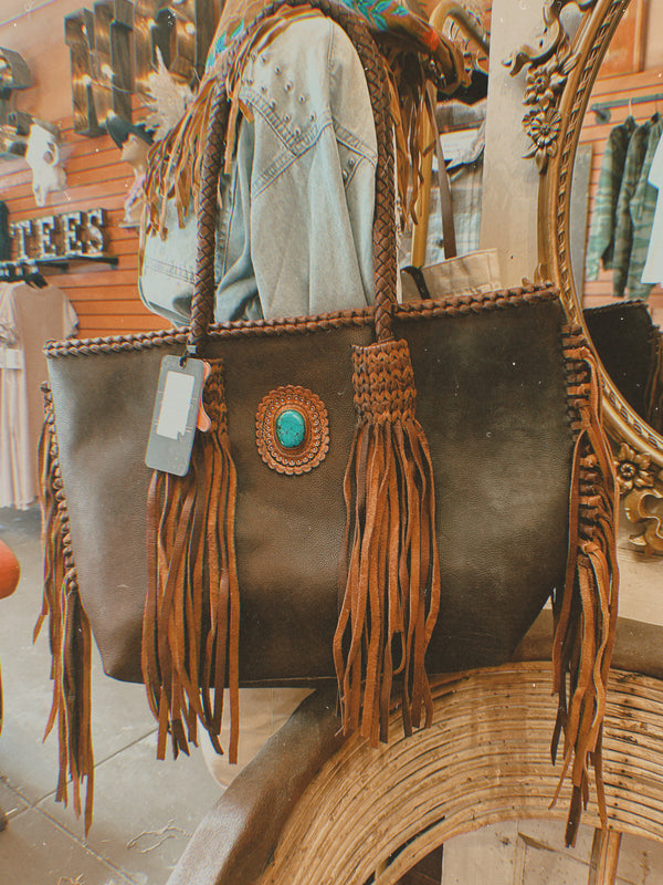 AMERICAN DARLING LEATHER FRINGE & STONE TOTE