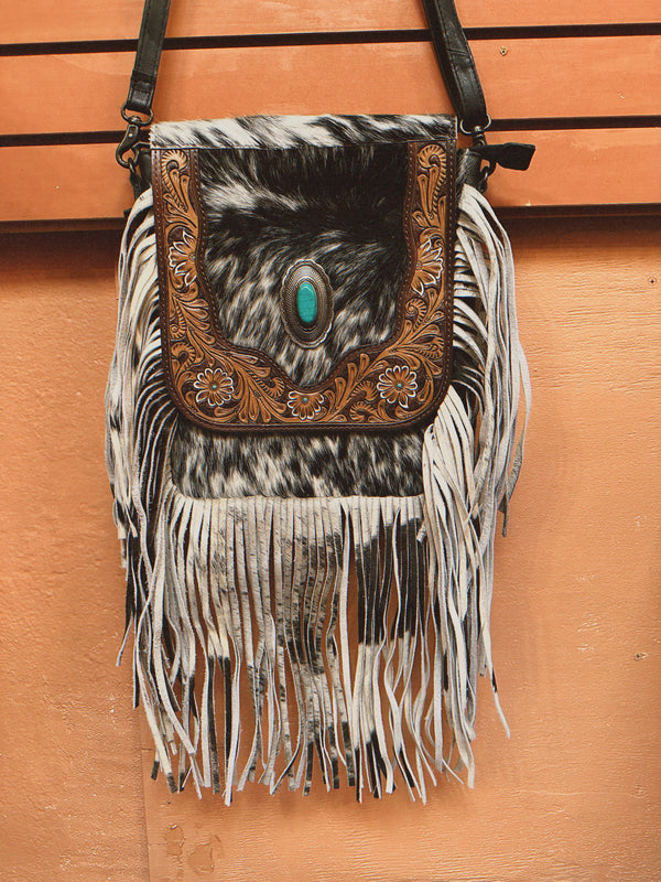 OHLAY COWHIDE & LEATHER CROSS BODY FRINGE BAG